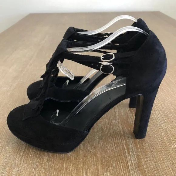 J. Crew Mary Jane Heels US 9 Suede Pleated Ruffle Pumps Made In Italy Black