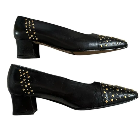 J Renee Vintage 80’s/90’s Black Leather Pumps with Gold Studs Size 7M rocker EUC