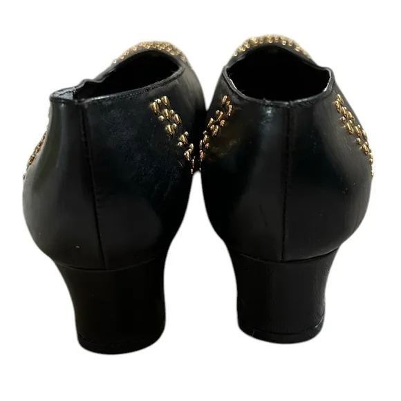 J Renee Vintage 80’s/90’s Black Leather Pumps with Gold Studs Size 7M rocker EUC