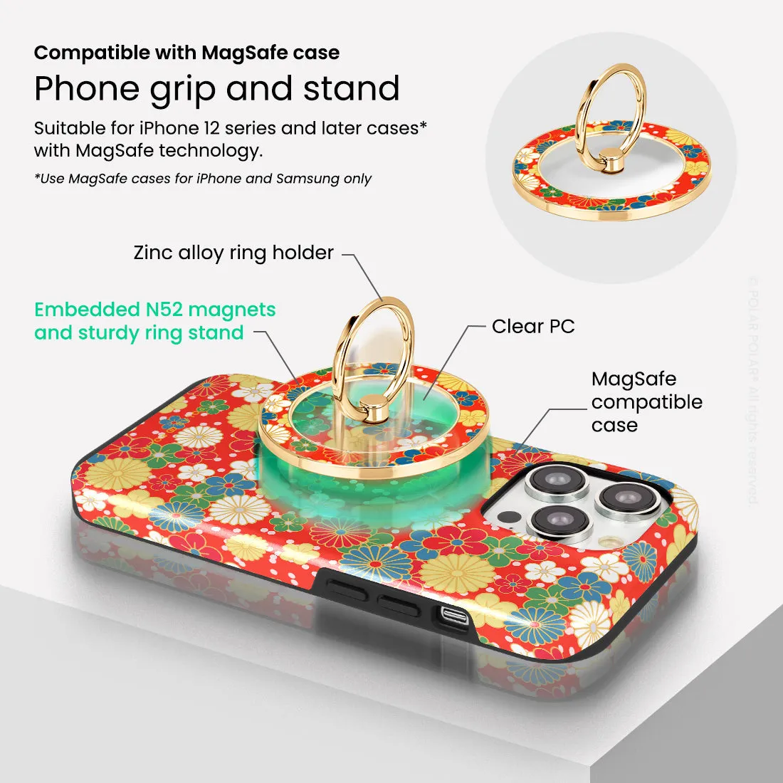 Japan Blossoms - Golden MagSafe Phone Grip and Ring Holder Stand