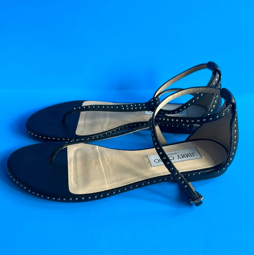 Jimmy Choo Black Leather and Mini Studs Thong Ankle Wrap Sandal