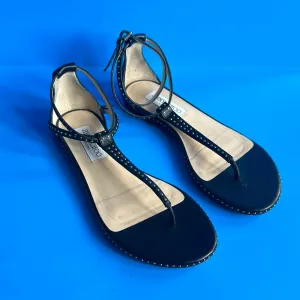 Jimmy Choo Black Leather and Mini Studs Thong Ankle Wrap Sandal