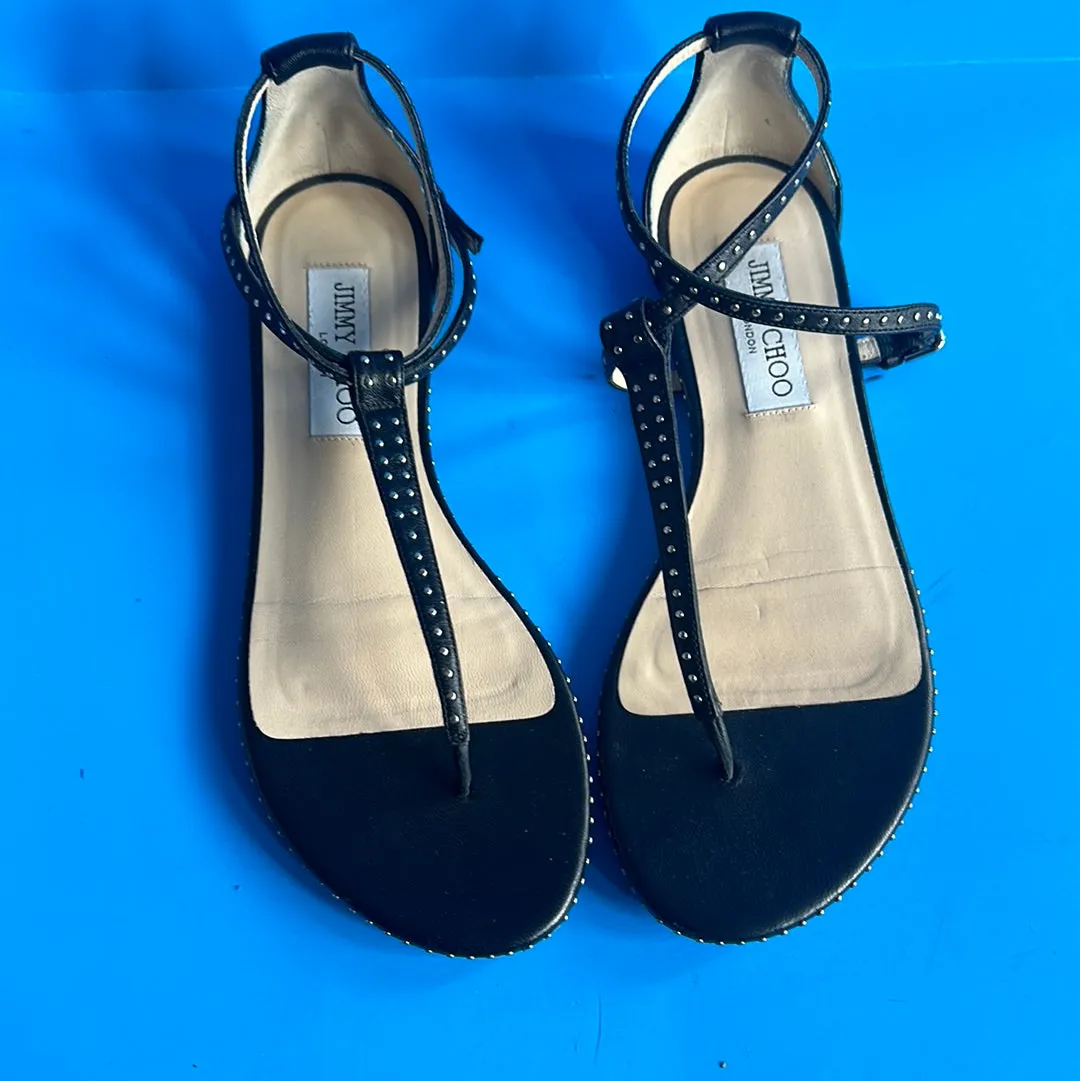 Jimmy Choo Black Leather and Mini Studs Thong Ankle Wrap Sandal
