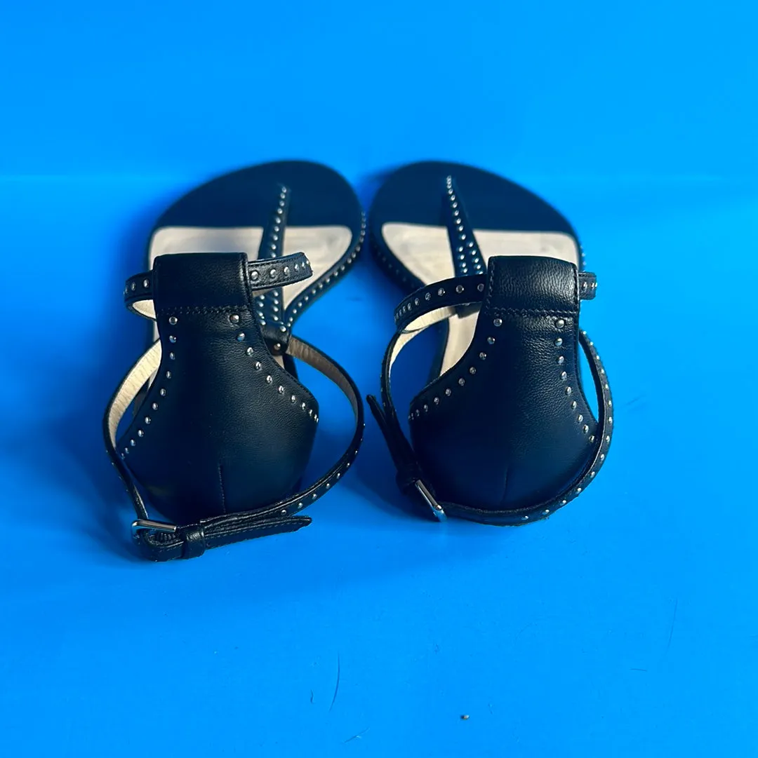 Jimmy Choo Black Leather and Mini Studs Thong Ankle Wrap Sandal