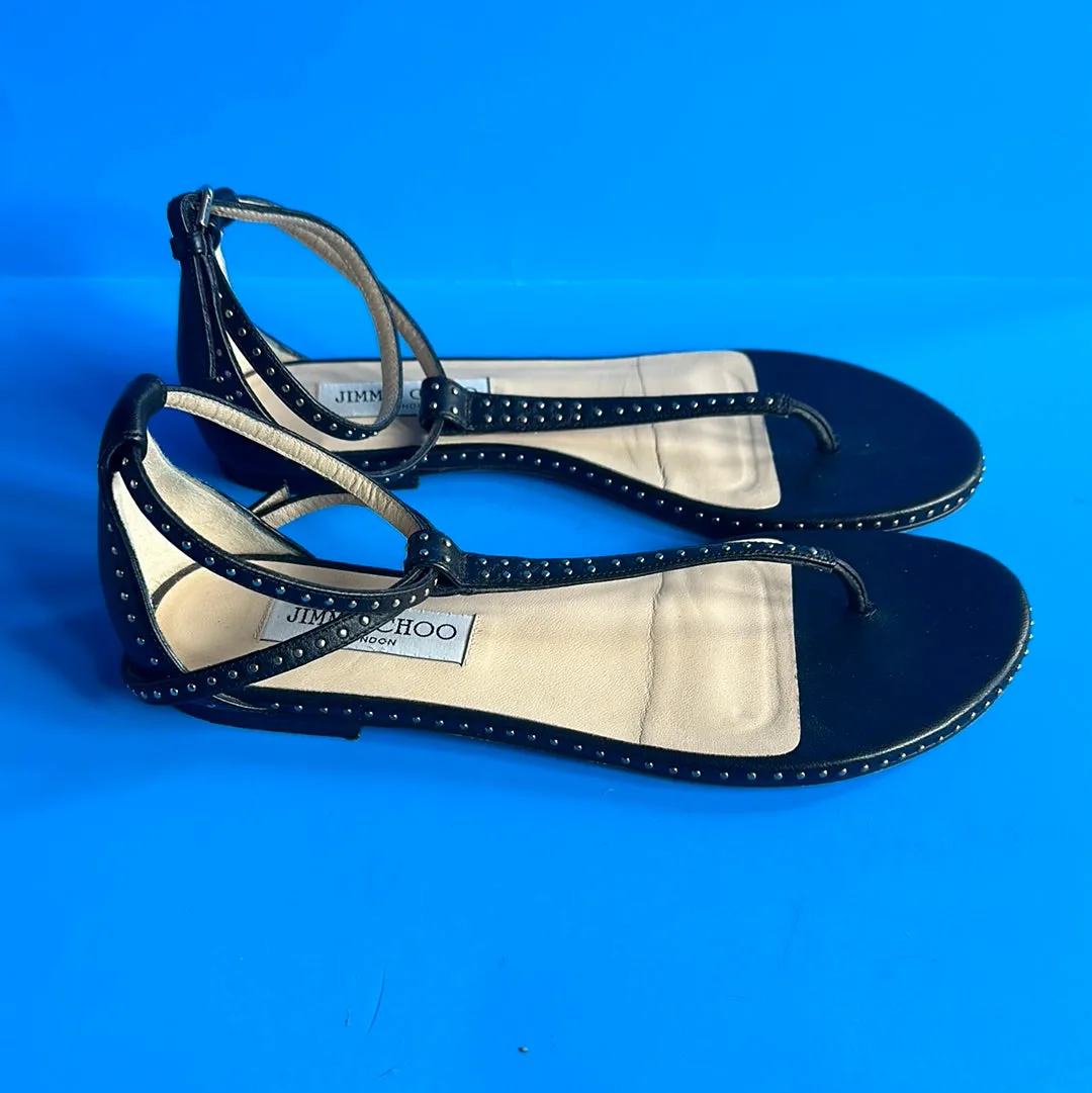 Jimmy Choo Black Leather and Mini Studs Thong Ankle Wrap Sandal