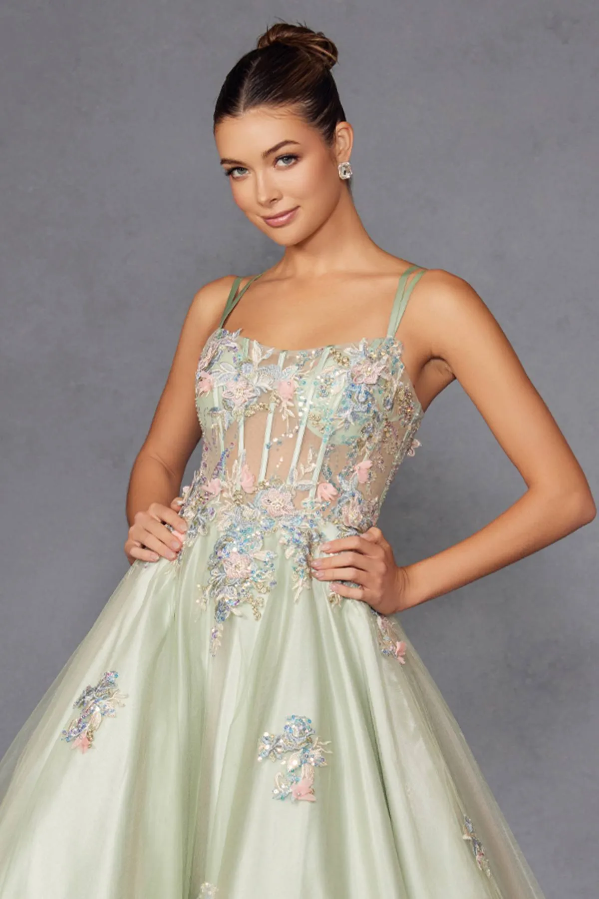 Juliet JT2565U Boned Embellished Applique Bodice A-Line Ball Gown