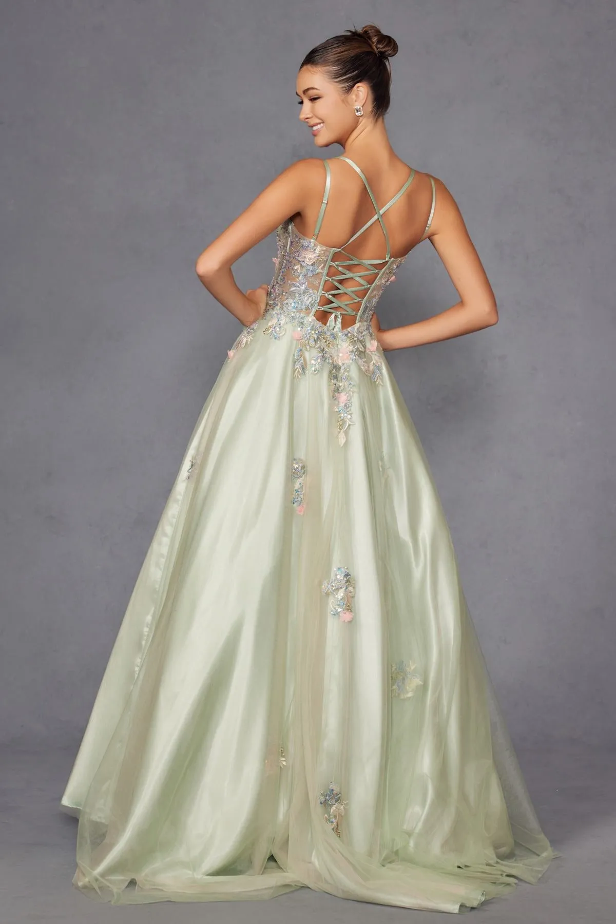 Juliet JT2565U Boned Embellished Applique Bodice A-Line Ball Gown