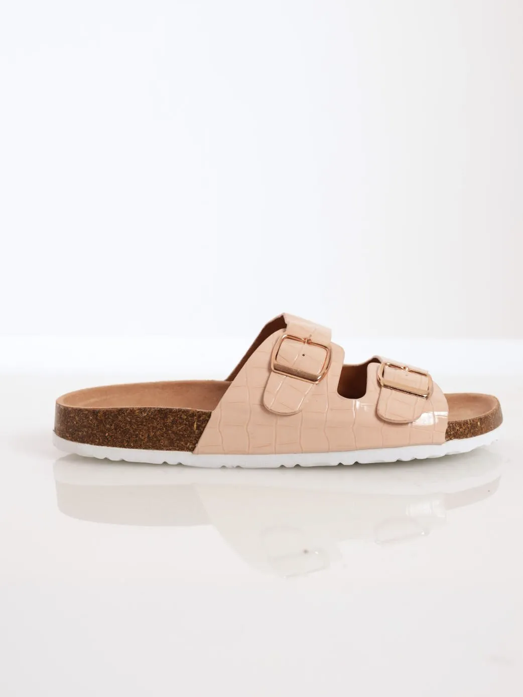 Ladies Embossed Double Buckle Cork Moulded Sandal - Blush
