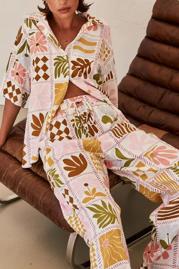 Lapel Printed Loose Top Casual Holiday Set