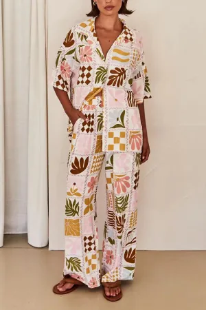Lapel Printed Loose Top Casual Holiday Set
