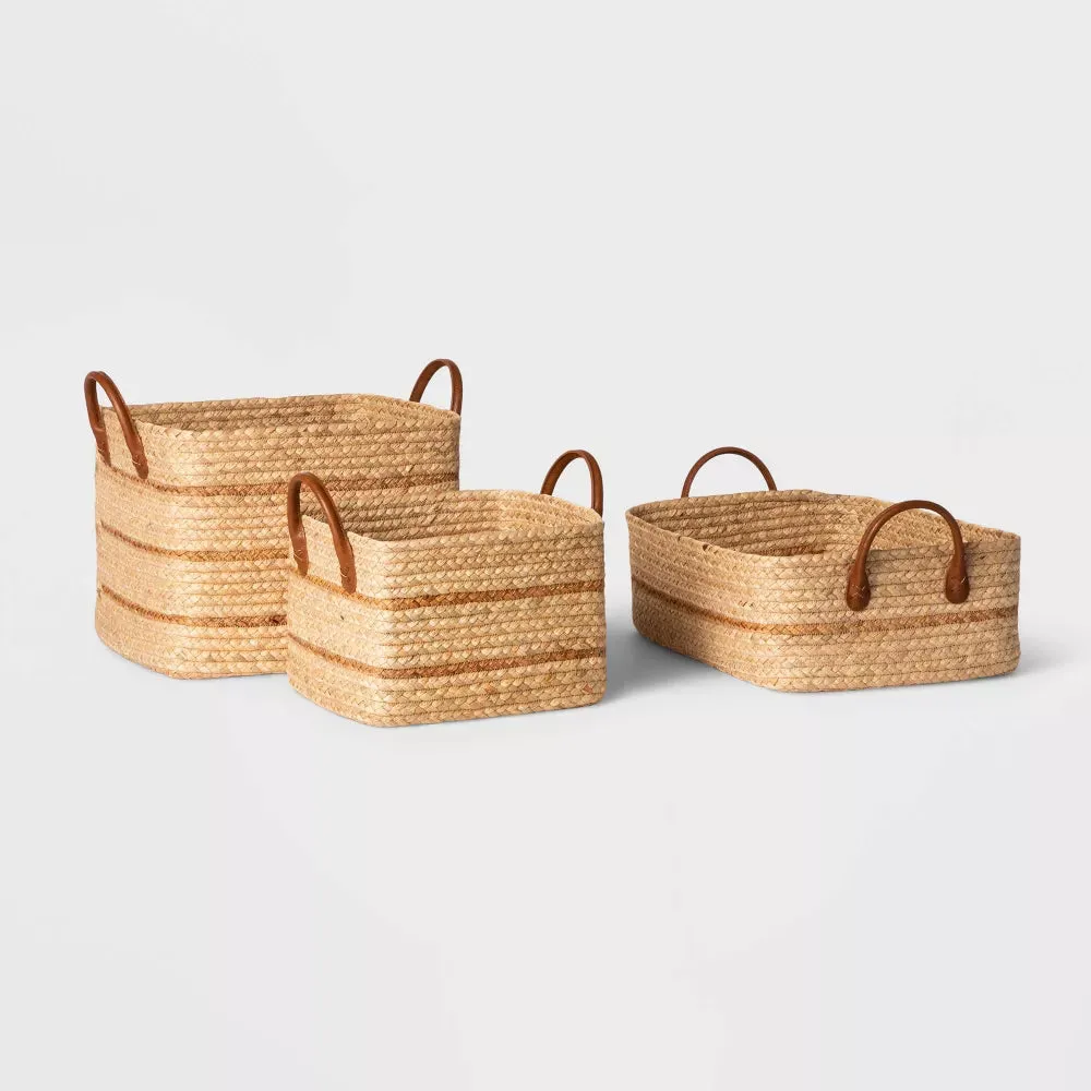 Large Braided Water Hyacinth Basket with Faux Leather Handles - Threshold - open_box