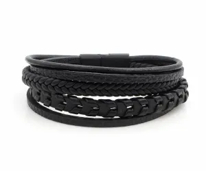 Layered Braided Black Leather Bracelet