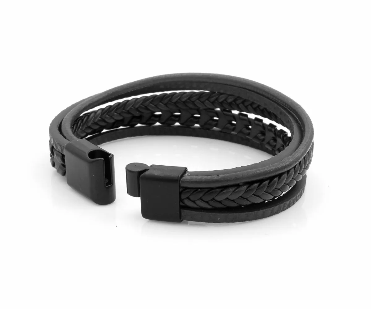 Layered Braided Black Leather Bracelet