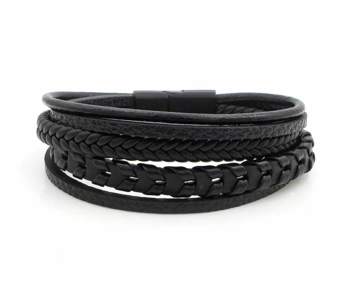 Layered Braided Black Leather Bracelet