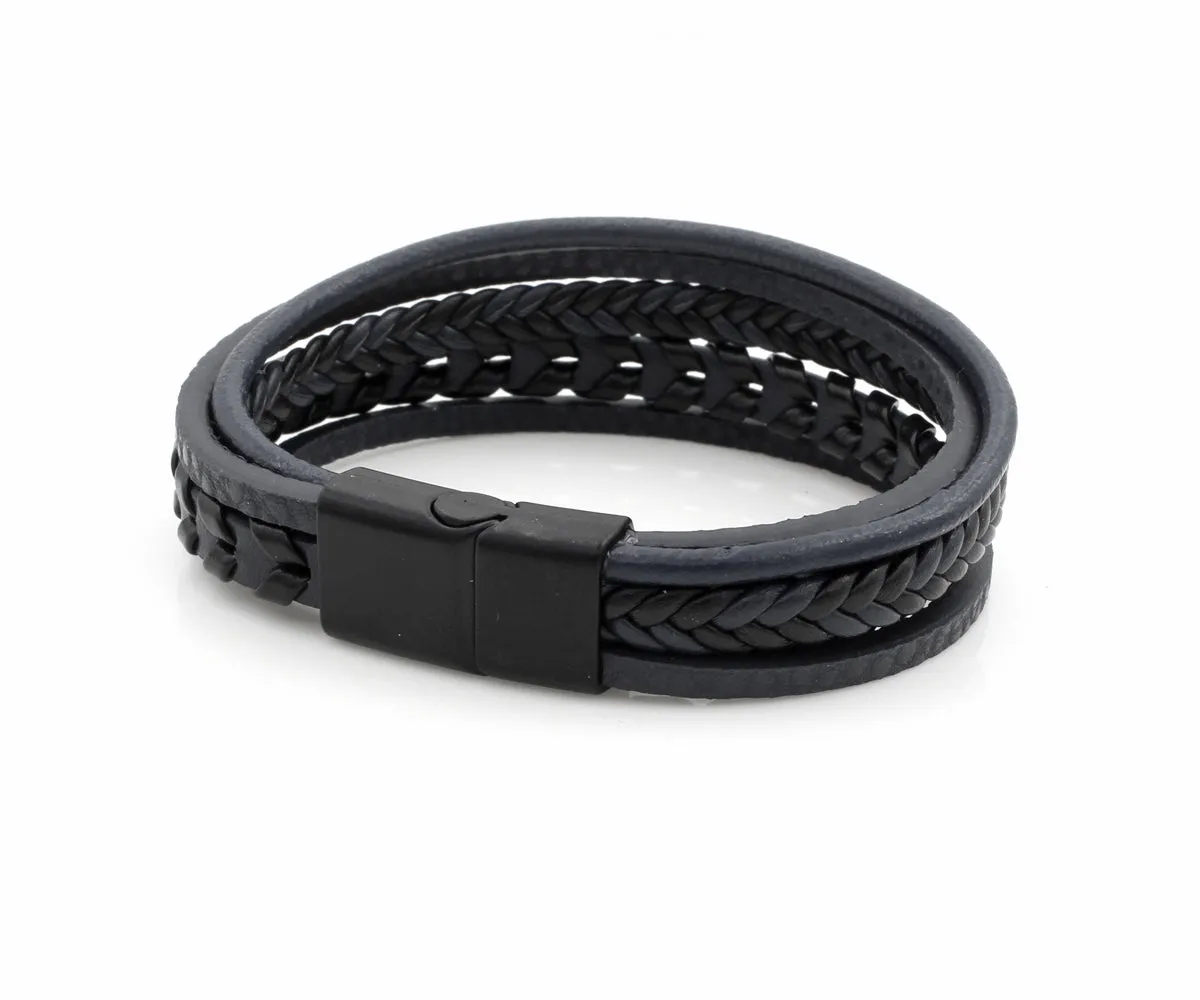 Layered Braided Black Leather Bracelet