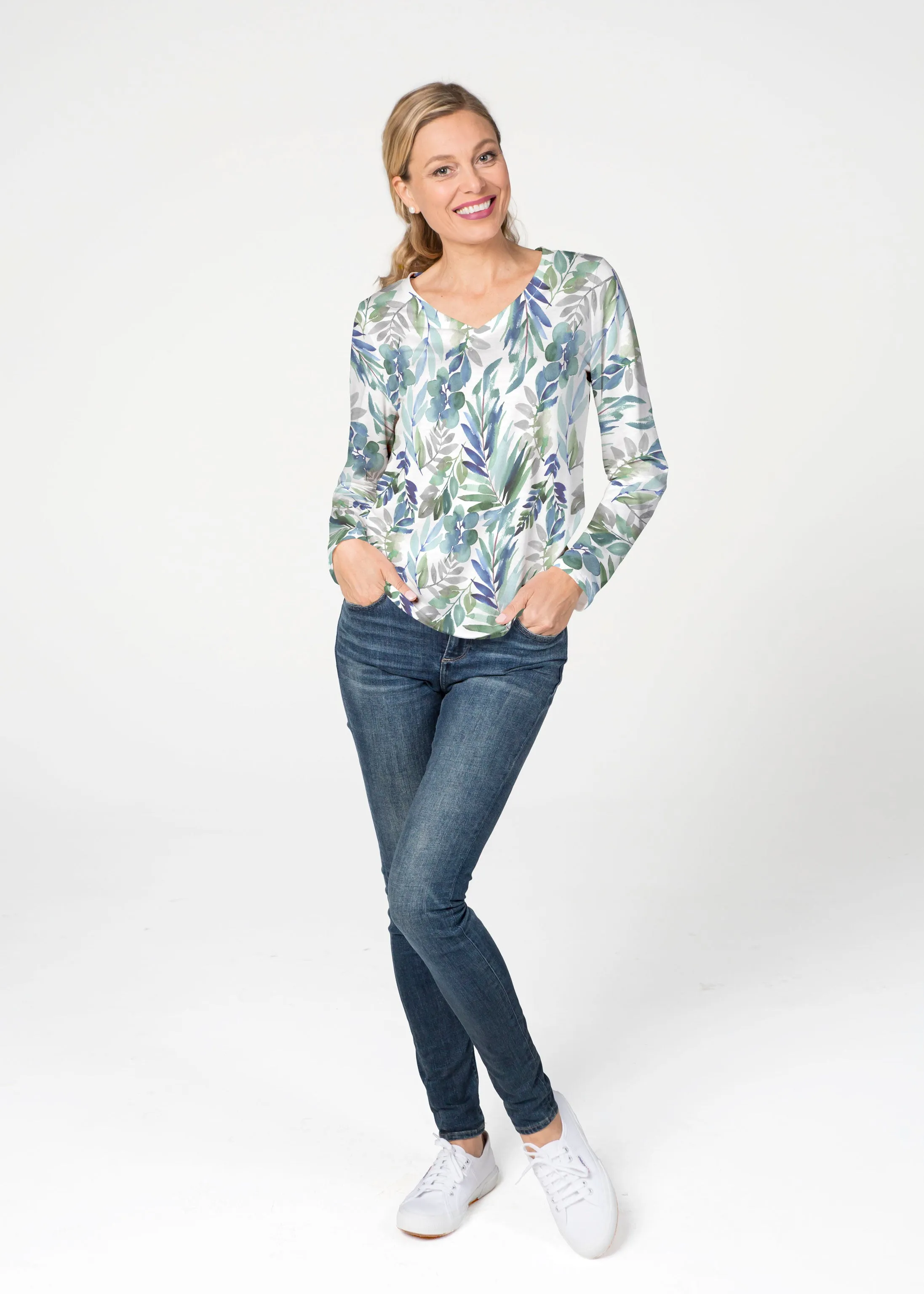 Leah Leaves (16258) ~ French Terry V-neck Top