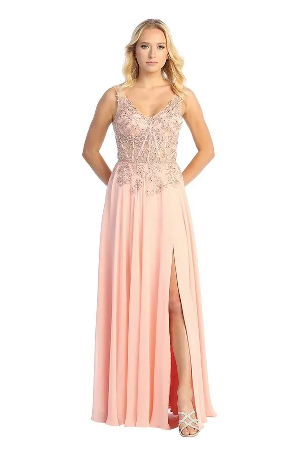 LF 7740 - Flowy Chiffon A-Line Prom Gown with Sheer Beaded Lace Embellished Boned Bodice & Leg Slit