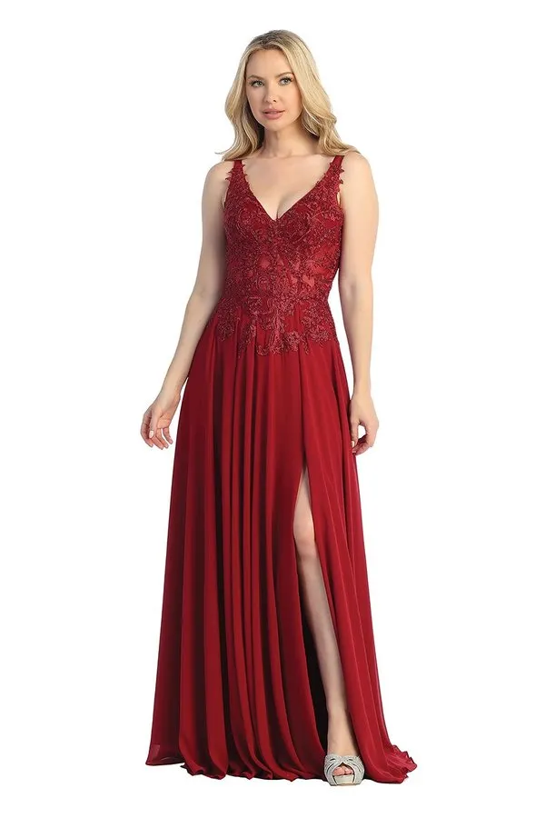 LF 7740 - Flowy Chiffon A-Line Prom Gown with Sheer Beaded Lace Embellished Boned Bodice & Leg Slit