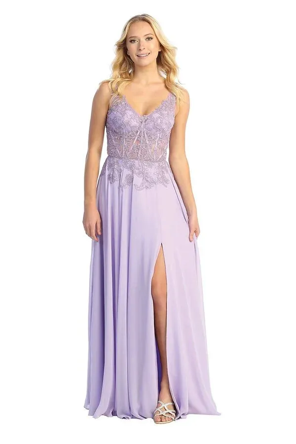 LF 7740 - Flowy Chiffon A-Line Prom Gown with Sheer Beaded Lace Embellished Boned Bodice & Leg Slit