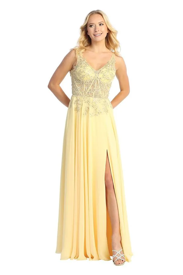LF 7740 - Flowy Chiffon A-Line Prom Gown with Sheer Beaded Lace Embellished Boned Bodice & Leg Slit
