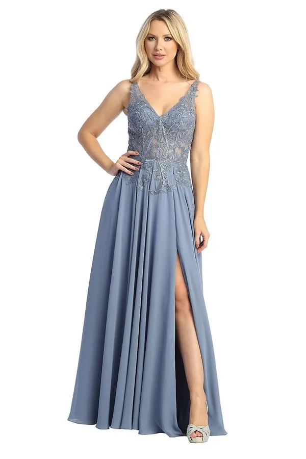 LF 7740 - Flowy Chiffon A-Line Prom Gown with Sheer Beaded Lace Embellished Boned Bodice & Leg Slit