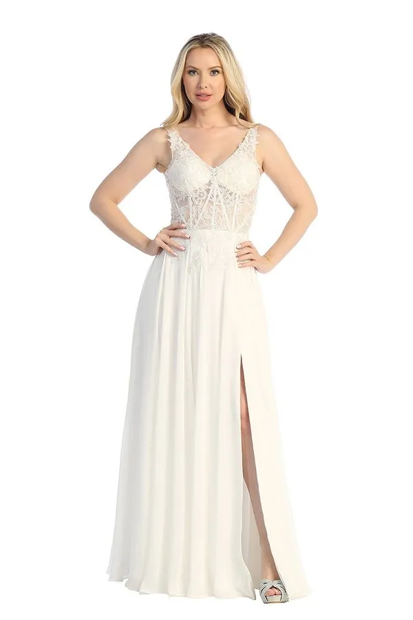 LF 7740 - Flowy Chiffon A-Line Prom Gown with Sheer Beaded Lace Embellished Boned Bodice & Leg Slit