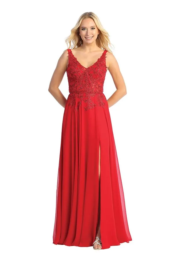 LF 7740 - Flowy Chiffon A-Line Prom Gown with Sheer Beaded Lace Embellished Boned Bodice & Leg Slit