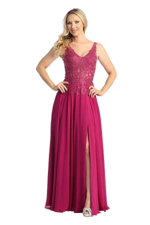 LF 7740 - Flowy Chiffon A-Line Prom Gown with Sheer Beaded Lace Embellished Boned Bodice & Leg Slit