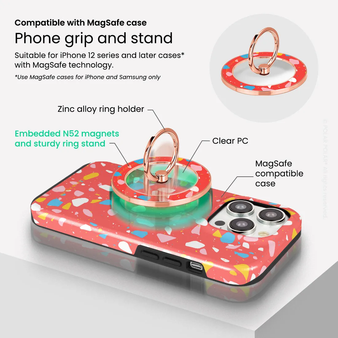 Living Coral Terrazzo - Rose Gold MagSafe Phone Grip and Ring Holder Stand