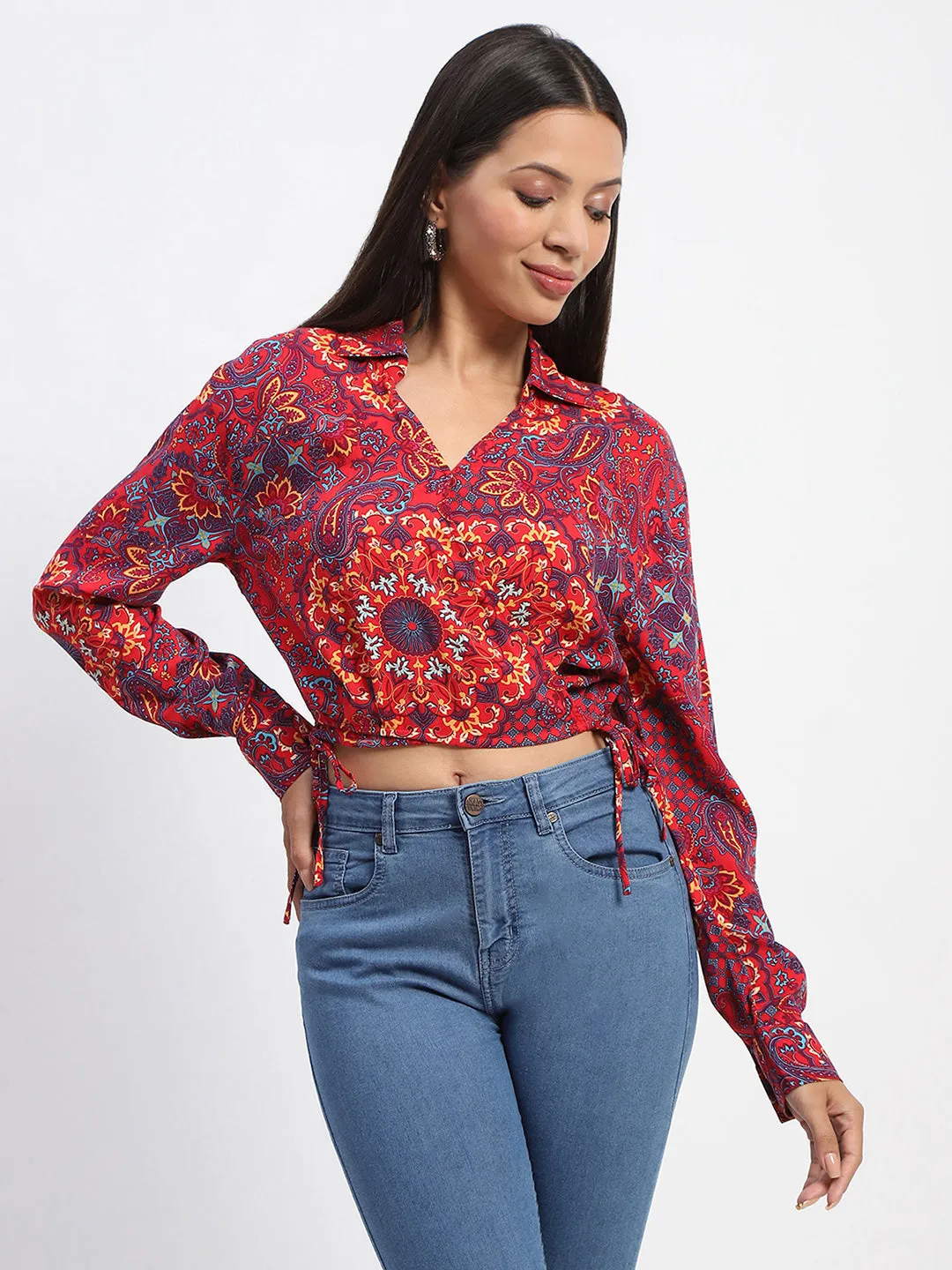 Madame Abstract Print Wrap Tie Detail Red Crop Top