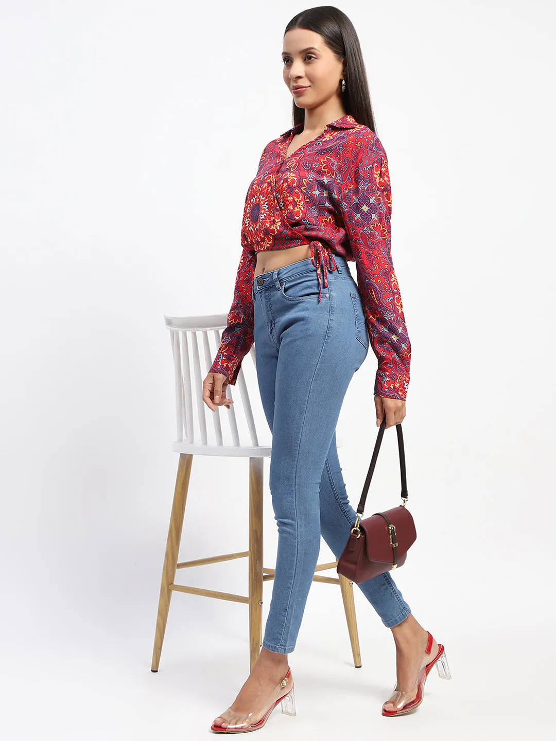 Madame Abstract Print Wrap Tie Detail Red Crop Top