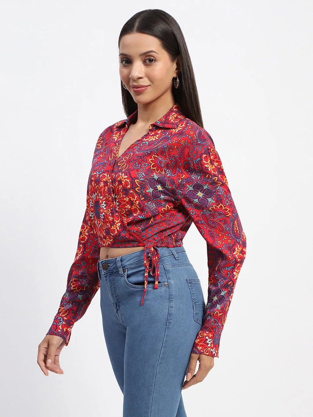 Madame Abstract Print Wrap Tie Detail Red Crop Top
