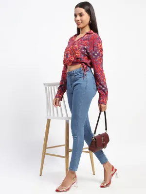 Madame Abstract Print Wrap Tie Detail Red Crop Top
