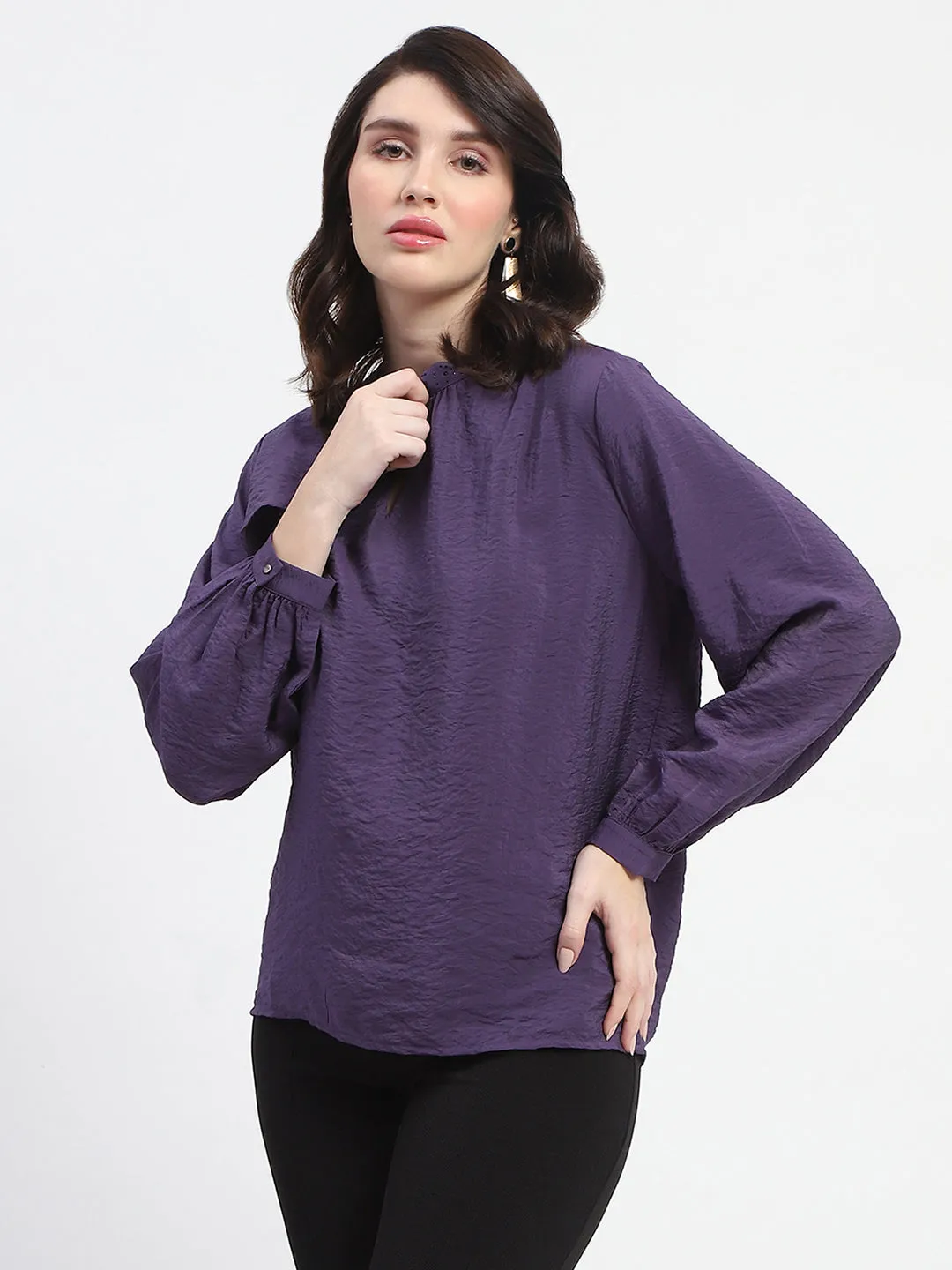 Madame Embellished Collar Ban Neck Solid Purple Top