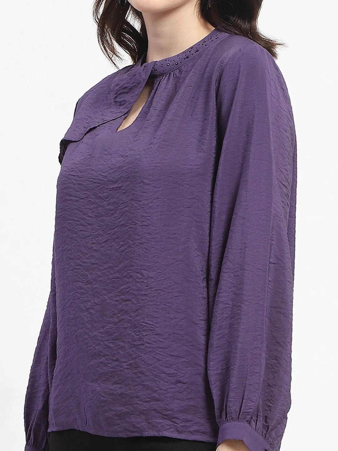 Madame Embellished Collar Ban Neck Solid Purple Top