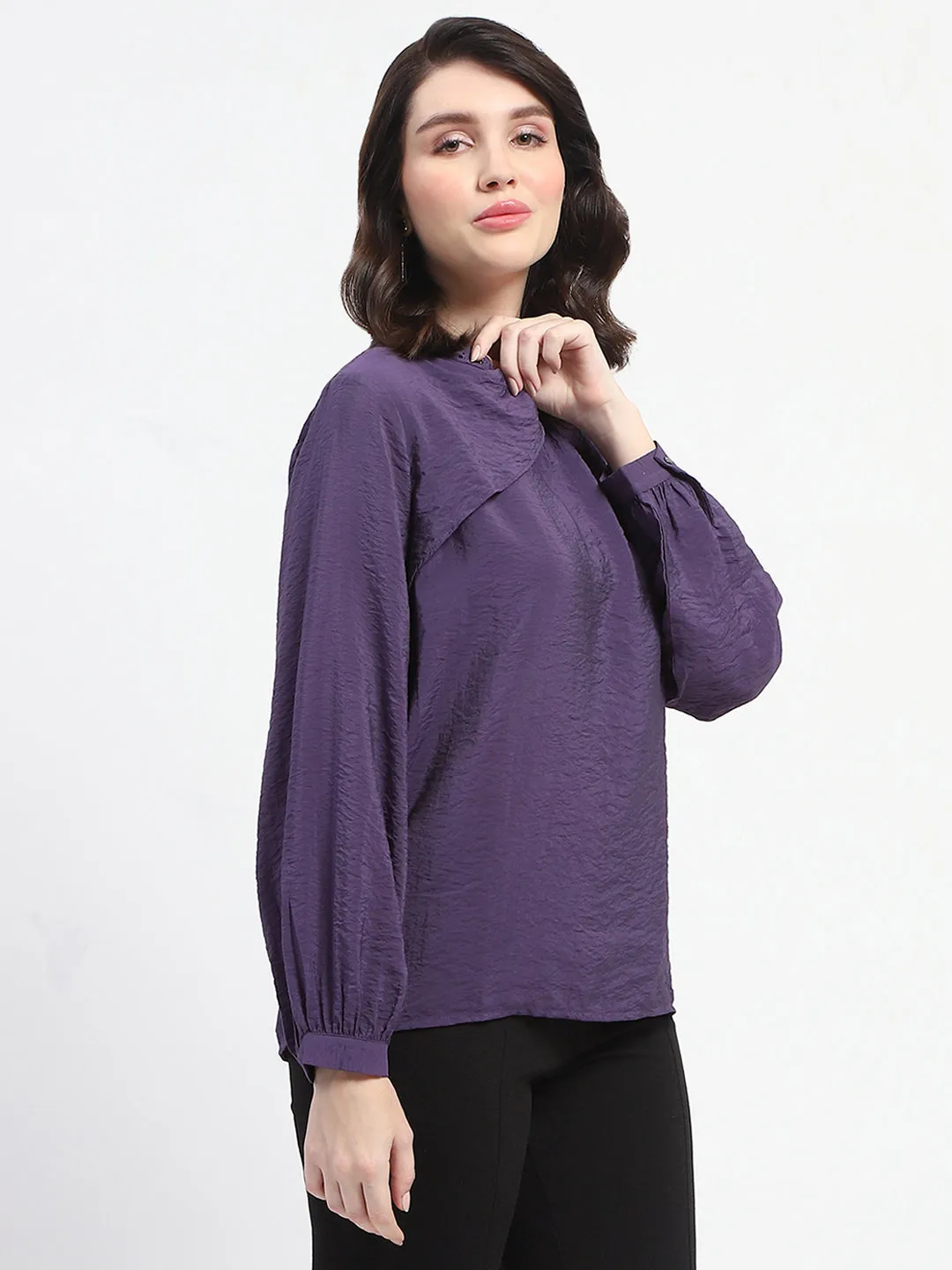 Madame Embellished Collar Ban Neck Solid Purple Top