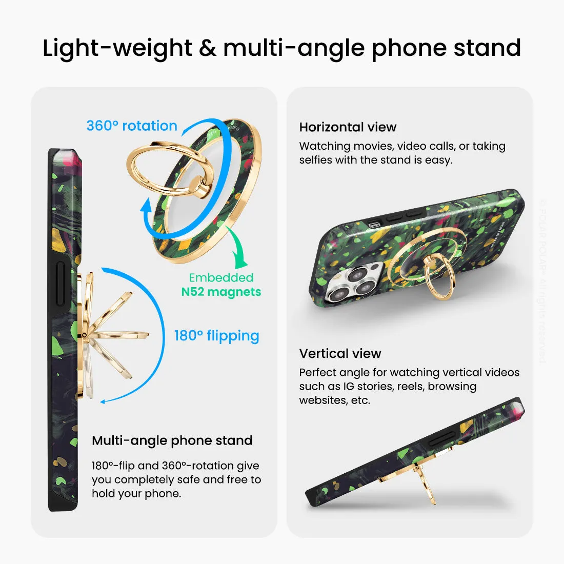 Malachite Terrazzo Gem - Golden MagSafe Phone Grip and Ring Holder Stand
