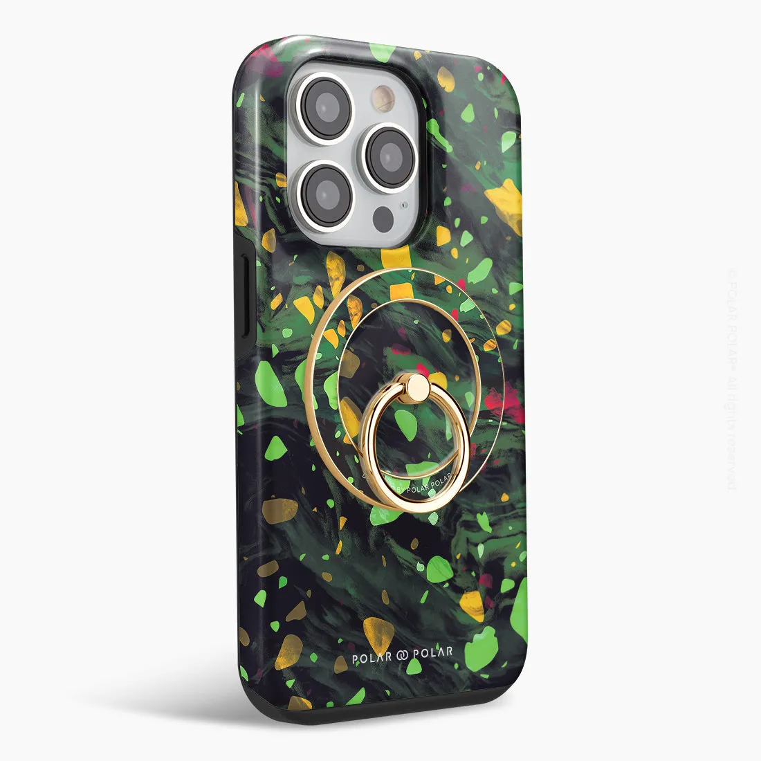 Malachite Terrazzo Gem - Golden MagSafe Phone Grip and Ring Holder Stand