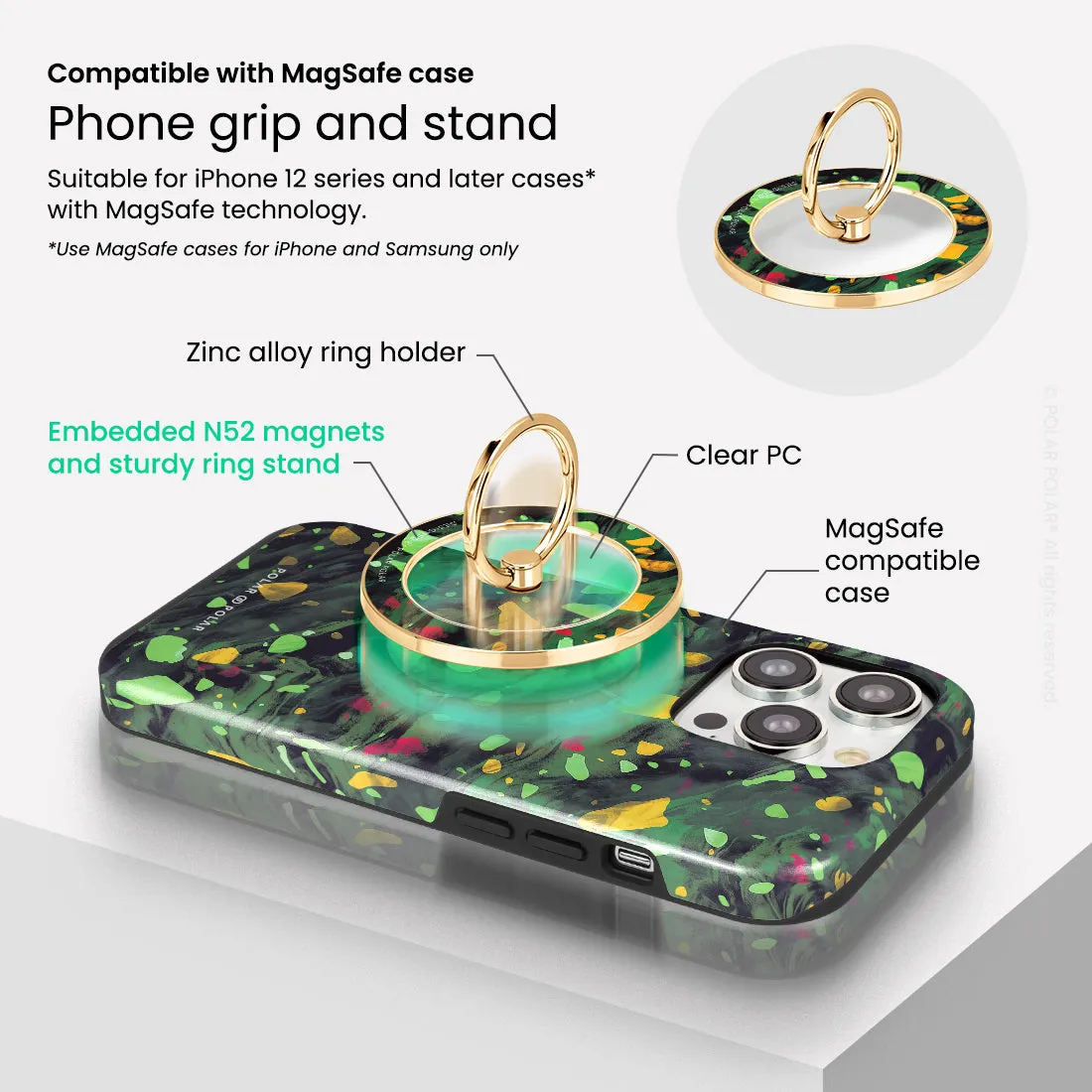 Malachite Terrazzo Gem - Golden MagSafe Phone Grip and Ring Holder Stand