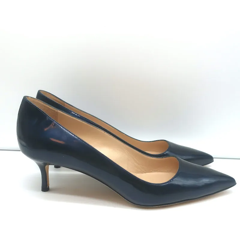 Manolo Blahnik BB 50 Kitten Heel Pumps Navy Metallic Patent Leather Size 40 NEW