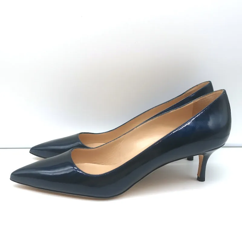 Manolo Blahnik BB 50 Kitten Heel Pumps Navy Metallic Patent Leather Size 40 NEW