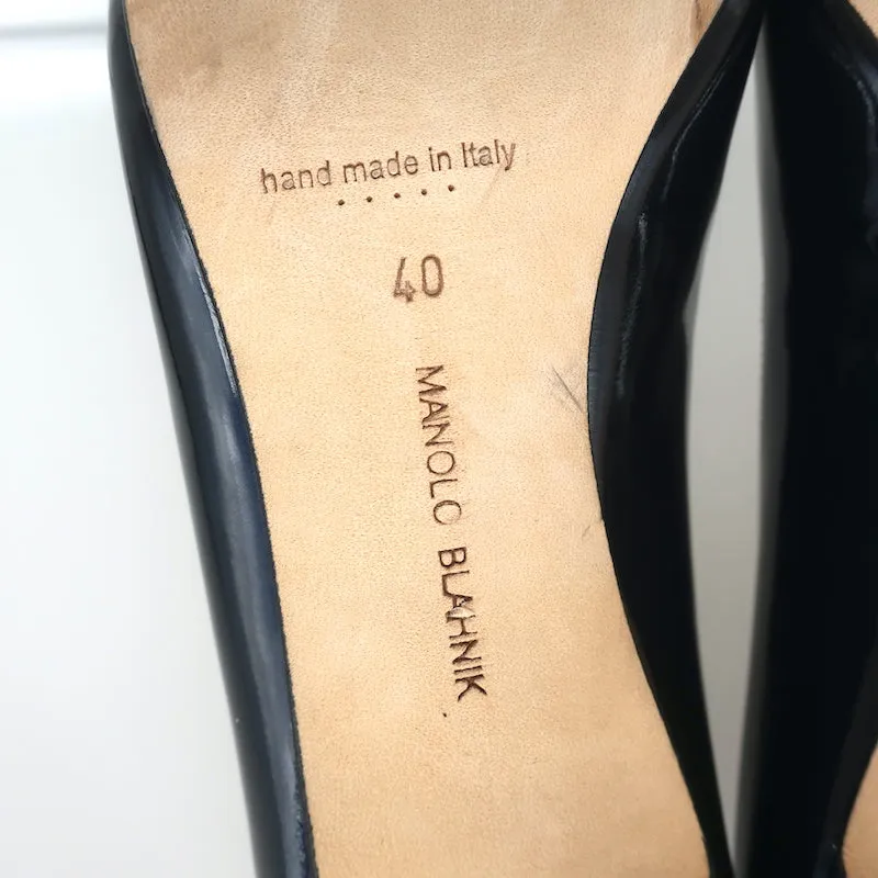 Manolo Blahnik BB 50 Kitten Heel Pumps Navy Metallic Patent Leather Size 40 NEW