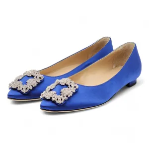 Manolo Blahnik Hangisiflat Jewel Buckle Flat Pumps - Satin - Blue 35.5