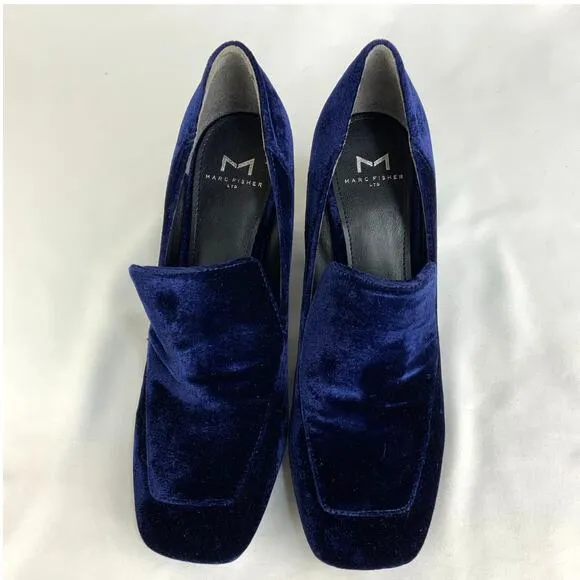Marc Fisher Marlo Velvet Block Heel Loafer Pumps Royal Navy Blue Women's Size 8