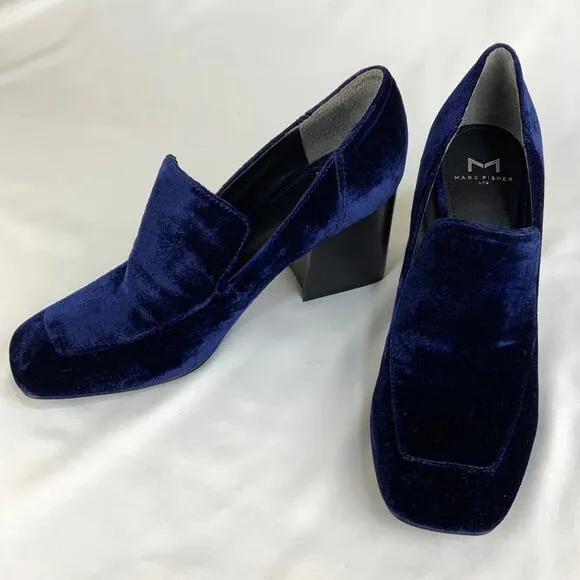 Marc Fisher Marlo Velvet Block Heel Loafer Pumps Royal Navy Blue Women's Size 8