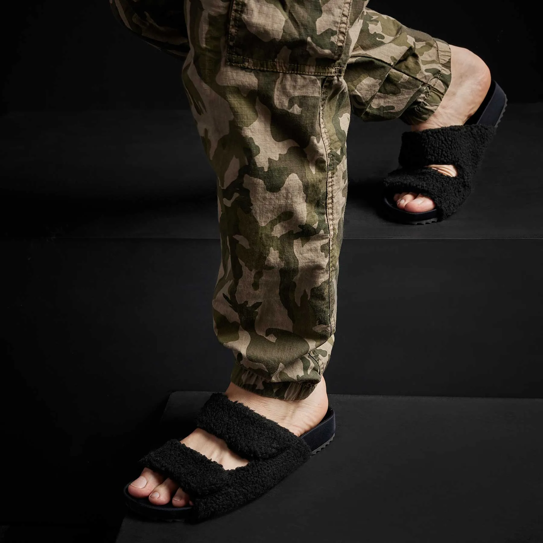 Men's Double Strap Shearling Slide - Black