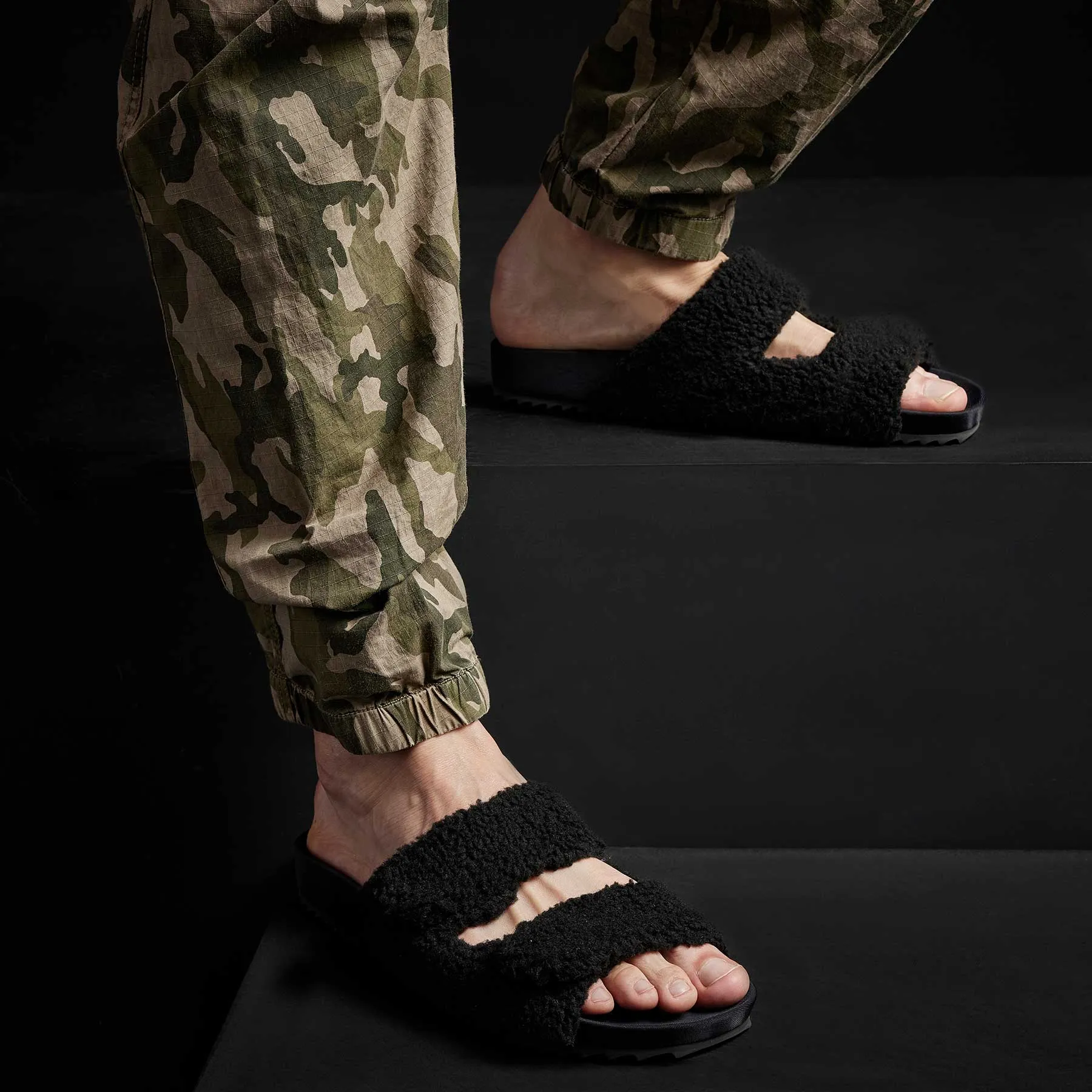Men's Double Strap Shearling Slide - Black