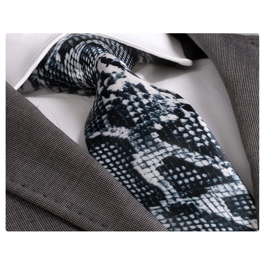 Men's Fashion Black White Snake Skin Tie Silk Neck Tie Gift Box