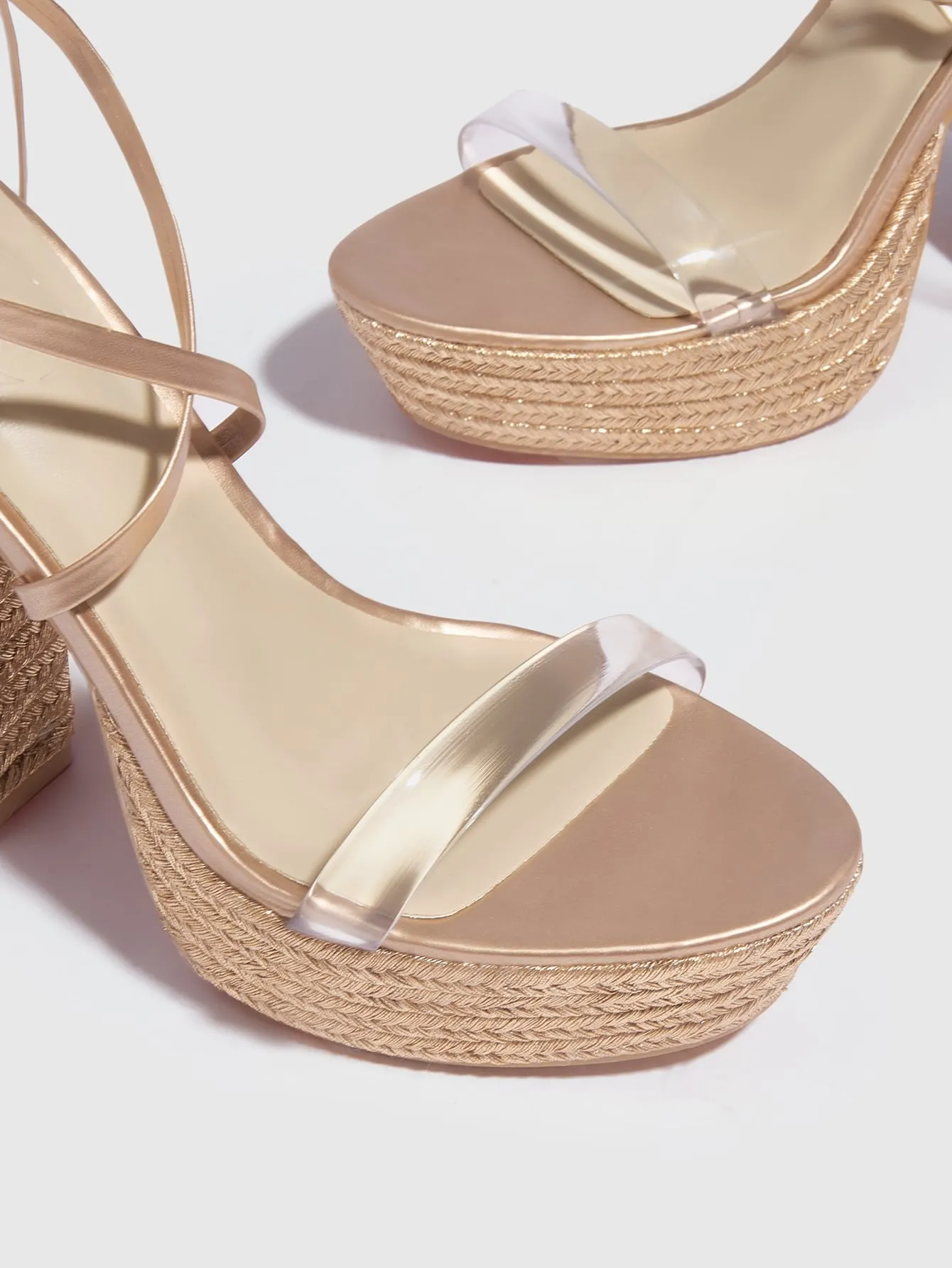 Metallic Tie Leg Platform Chunky Heeled Strappy Sandals