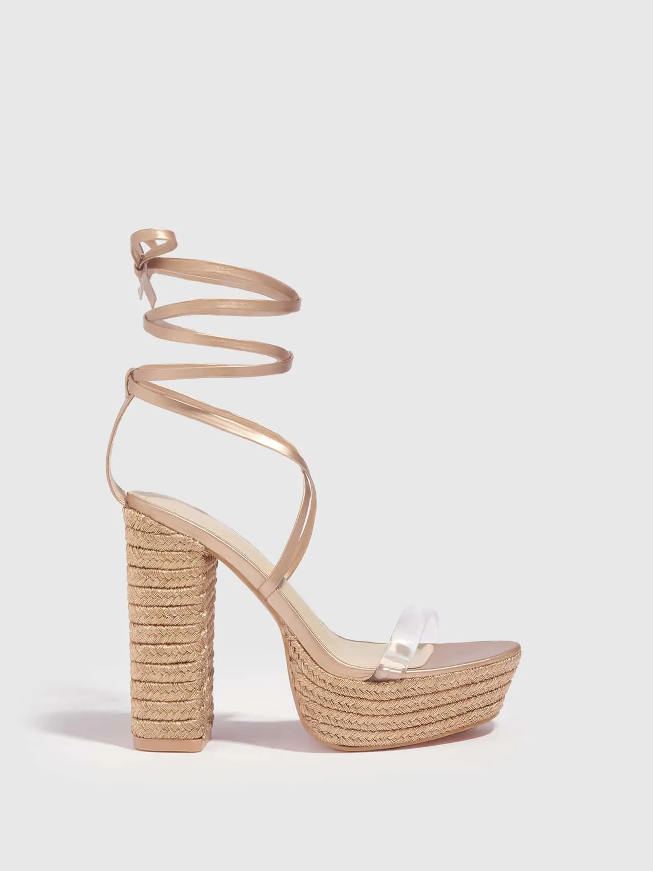 Metallic Tie Leg Platform Chunky Heeled Strappy Sandals